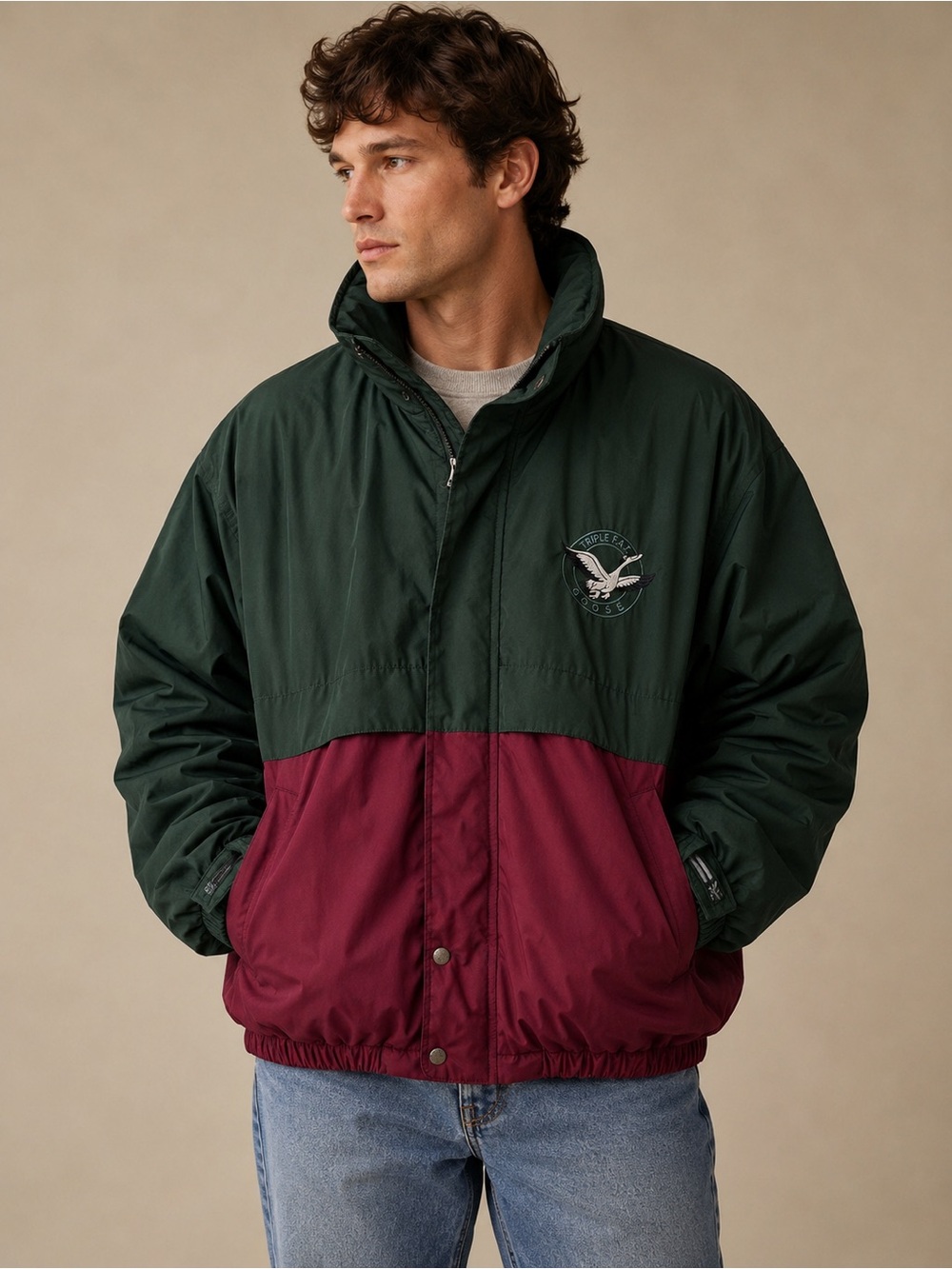 Vintage Triple F.A.T Goose Two-Tone Forest Green/Burgundy Windbreaker Jacket | L